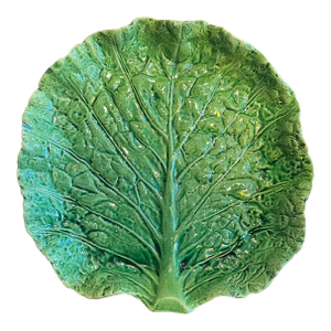 Antique Portuguese Majolica Pottery Green Cabbage or Lettuce Leaf Serving Dish