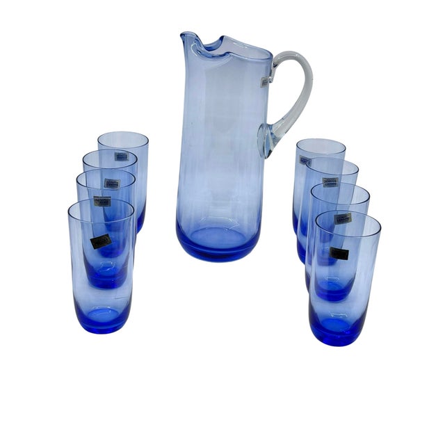 Colony glassware in light blue Large pitcher and glassware Midcentury set A set of 9 8 glasses 2.5” x 5.5”h Pitcher- 7”x...