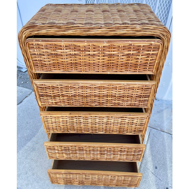 Waterfall Highboy 5 Drawers Wicker Dresser From 70's For Sale - Image 4 of 9