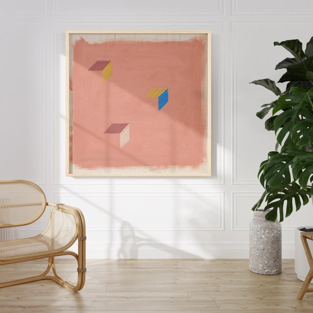 Abstract Rose Blush Pink Abstract Geometric 'Birds Wing' Art Print, 36 X 36 Print in Wood Frame For Sale - Image 3 of 4