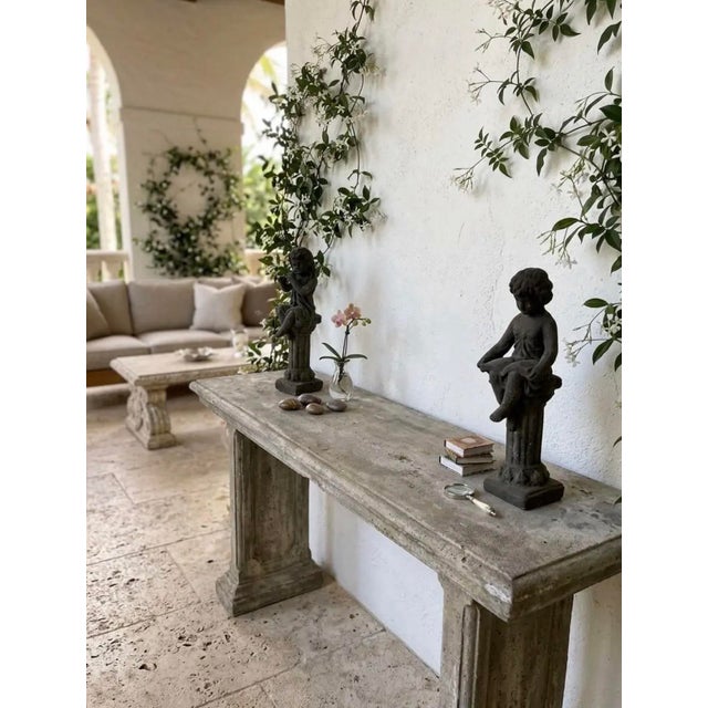 Pair of Vintage European Style Cast Iron Seated Putti Statues on Fluted Pedestals For Sale - Image 11 of 12