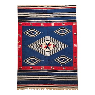Vintage Mexican Saltillo Serape Kilim Rug, Handwoven Wool, Medallion Pattern, 4x6 For Sale