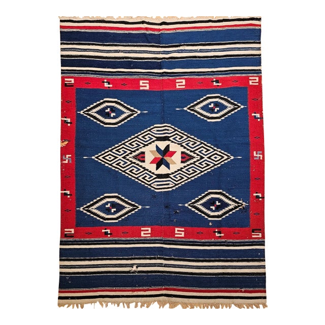 Vintage Mexican Saltillo Serape Kilim Rug, Handwoven Wool, Medallion Pattern, 4x6 For Sale
