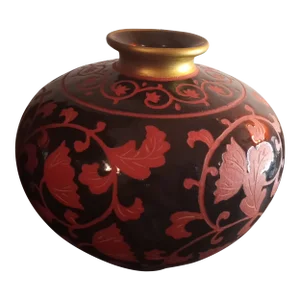 Vintage Hand Enameled Black on Mauve Floral Porcelain Round Decorarive Vase