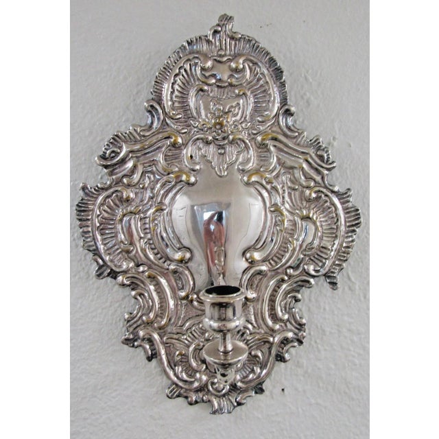 Baroque Late 19th Century Matched Pair of Blaker Baroque-Style Repousse Silver Plated Brass Candle Sconces For Sale - Image 3 of 11