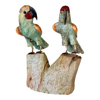 Vintage Peruvian Hand-Carved Gemstone Parrot Sculpture With Brass Feet For Sale