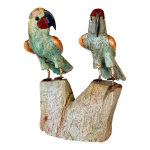 Vintage Peruvian Hand-Carved Gemstone Parrot Sculpture With Brass Feet