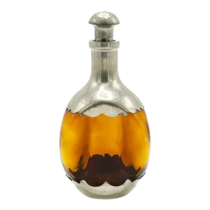 Mid Century Victorian Revival Amber Pinched Sides Glass Haigs Pinch Scotch Decanter With Pewter Overlay