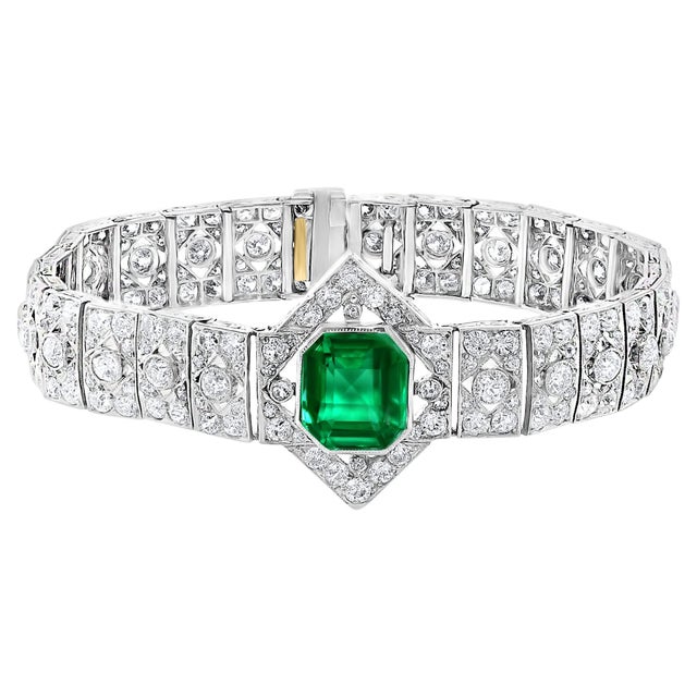 1930's Agl Certified 3.4 Ct Colombian Emerald & 8 Ct Diamond Platinum Bracelet For Sale - Image 4 of 8