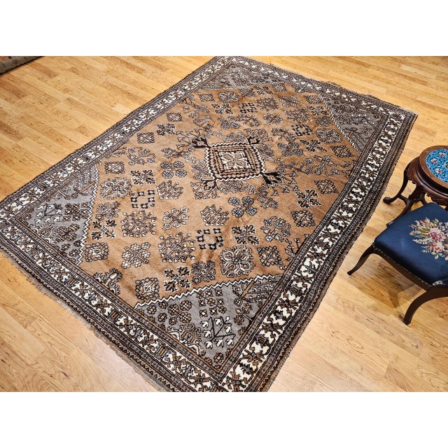 Vintage Persian Bakhtiari Rug, Hand-Knotted Wool, Allover Geometric Pattern, Camelhair & Ivory, 8x11 For Sale - Image 12 of 18