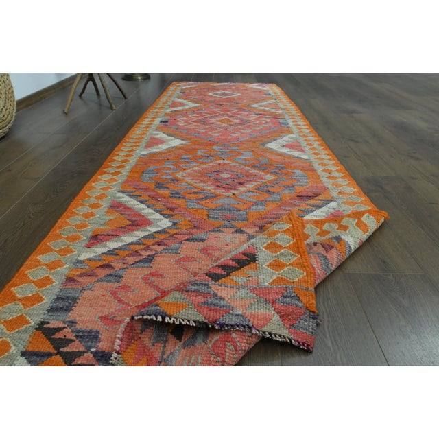 Art Deco 1970s Vintage Turkish Oushak Handmade Wool Cotton Pink Runner Rug For Sale - Image 3 of 11