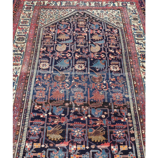Ivory Antique Persian Hamadan Rug With Deep Indigo Field With Tribal Motifs 6'10 X 12'5 For Sale - Image 8 of 14