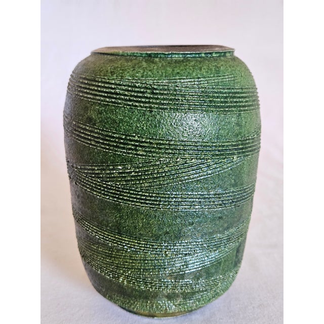 MCM Ceramic Artisan Vase Green Raku For Sale - Image 6 of 6