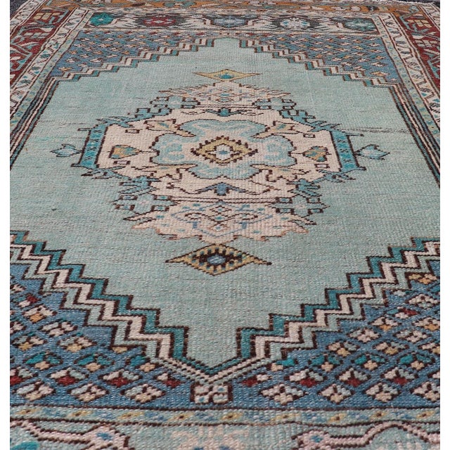 Rustic Vintage Turkish Oushak Rug With Vibrant Teal and Rich Maroon Accents For Sale - Image 3 of 10