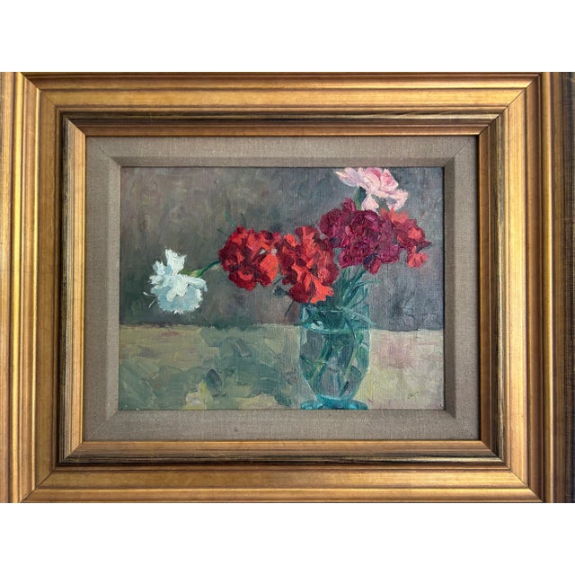 Red Vintage Signed Original Oil on Board Still Life Red, Pink & White Carnations in Blue Glass Vase For Sale - Image 8 of 15