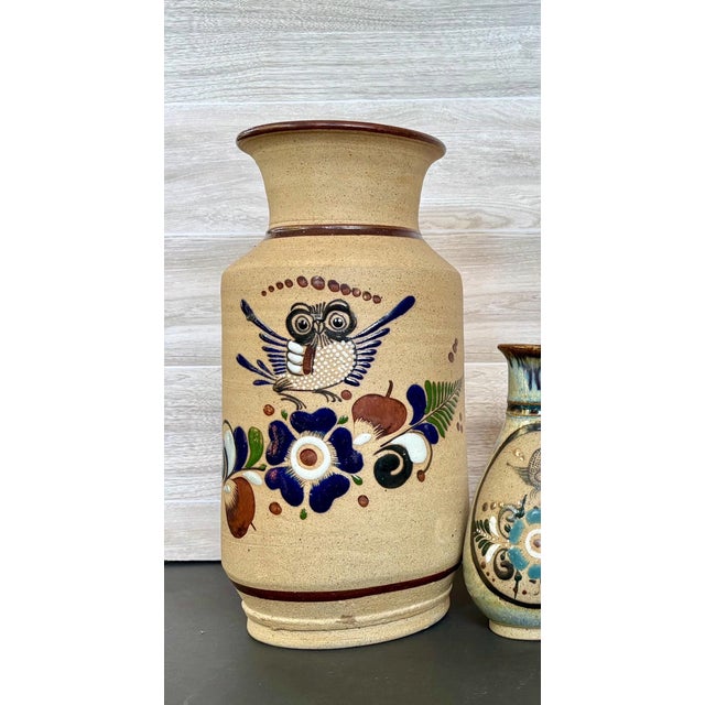Folk Art Vintage Tonala Mexico Pottery Vase, Mexican Folk Art Ceramic Hand Painted Owl Floral Sandstone. For Sale - Image 3 of 4