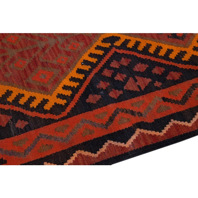 Brick Red Vintage Kilim Red Handmade Flatweave Tribal Motif Wool Runner For Sale - Image 8 of 11