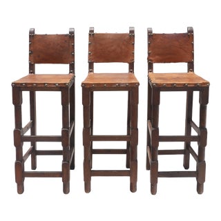 19th Century Spanish Carved Walnut Bar Stools With Original Leather - Set of 3 For Sale
