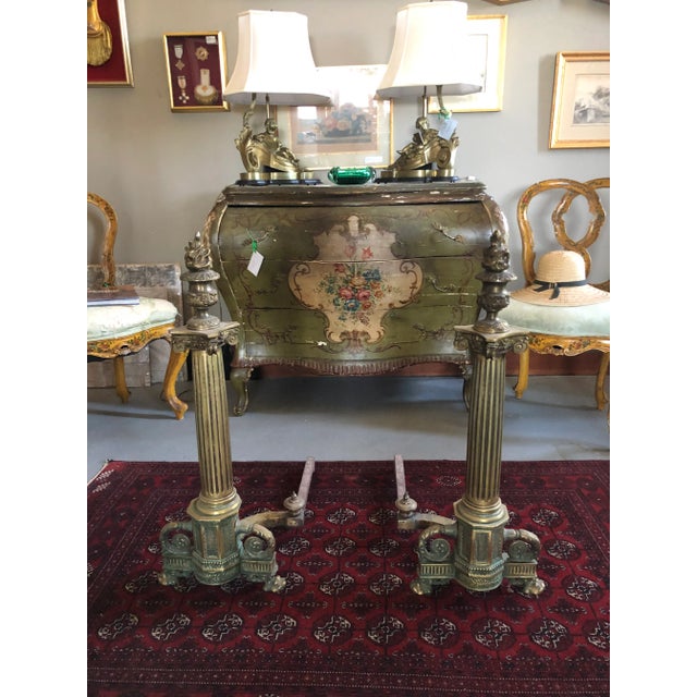 Massive Impressive Neo Classical Brass Pillar Andirons Circa 1900. This pair are truly statement pieces. There is a nicely...