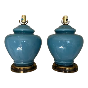 1980s/90s Postmodern Blue Glass Ginger Jar Lamps - a Pair
