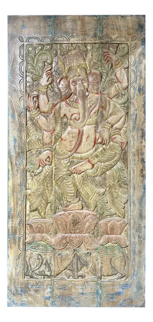 Vintage Reclaimed Wood Ganesha Wall Panel – Hand-Carved Hindu Art Sculpture 84x41