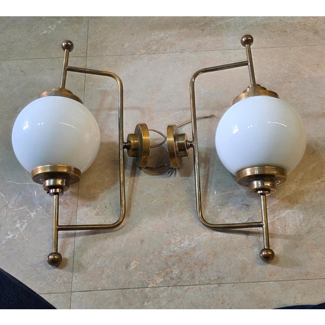 Art Deco Vintage Art Deco Light Old Lamp Wall Sconces Fixture Brass & Milk Glass Shade Ship Light - a Pair For Sale - Image 3 of 5