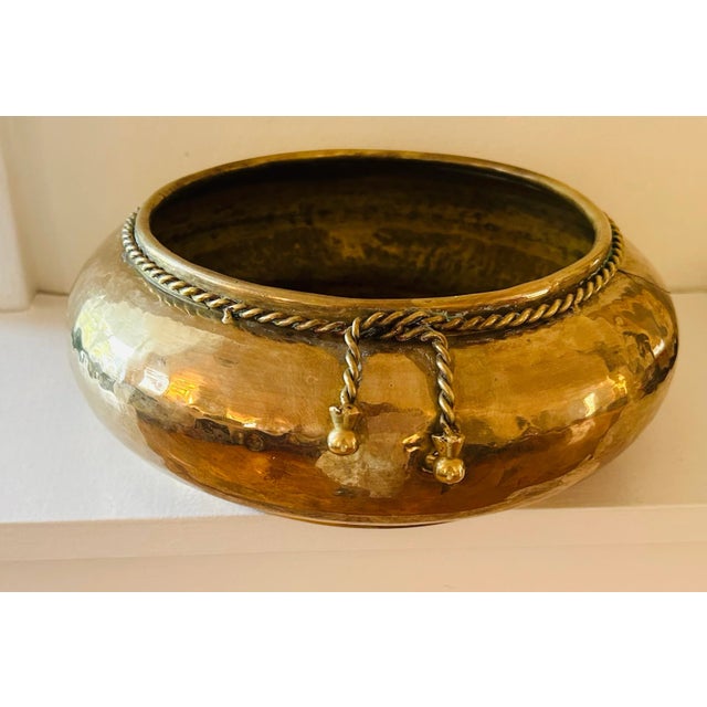 Large Solid Brass Hammered Trompe I’Oeoil Ribbon Tassel Cachepot, 11" Across. 4" tall. Great shape for Bonsai tree or...