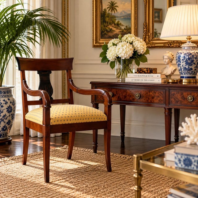 Elegant vintage Hollywood Regency Neoclassical-style armchair featuring a warm mahogany-toned wood frame with graceful...