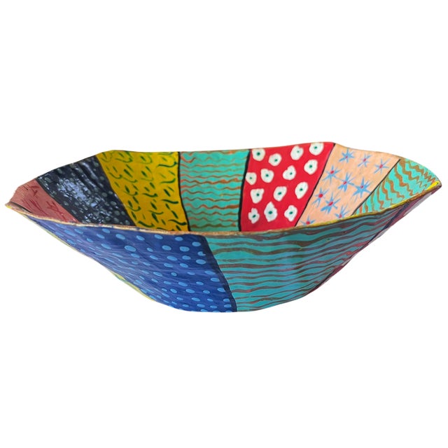Folk Art Handmade Papier-Mâché Decorative Bowl – Colorful Folk Art / Memphis Style For Sale - Image 3 of 7