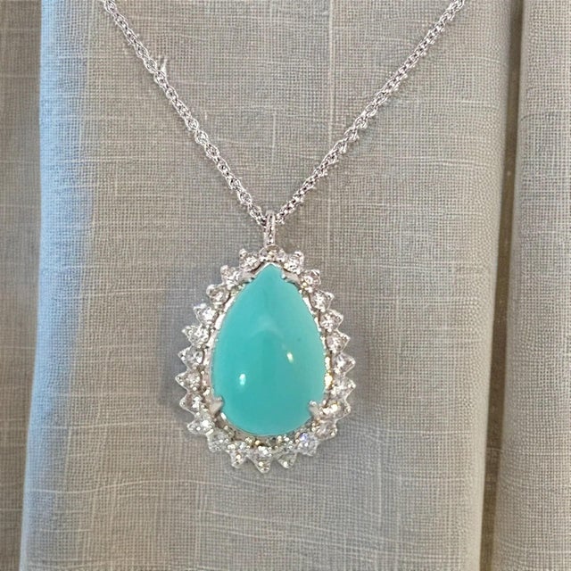 Persian Turquoise Diamond Pendant With Chain 17" 14k WG 9.9 TCW Certified For Sale - Image 10 of 18