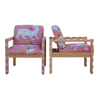 Custom Scallop Solid Oak Postmodern Lounge Chair with Colorful Animalia Fabric - a Pair For Sale