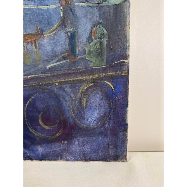 Vintage Expressionism European Cityscape Still Life Oil Painting on Canvas, Blue, Lavender, Lime Green For Sale - Image 10 of 14
