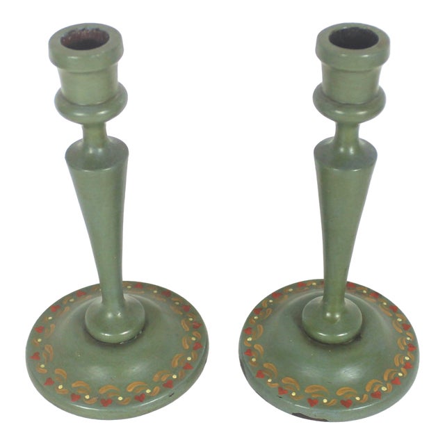 Antique Hand Painted Wooden Candle Holders a Pair For Sale