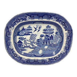 Antique Crown Pottery Ironstone Blue Willow Serving Platter Made in England - Circa 19th Century For Sale