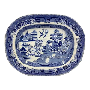 Antique Crown Pottery Ironstone Blue Willow Serving Platter Made in England - Circa 19th Century