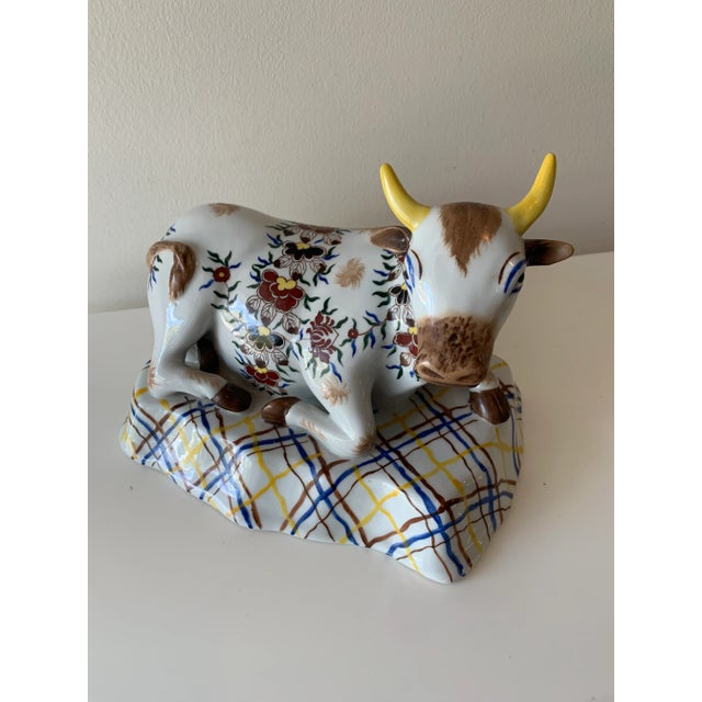 Japanese Japanese Porcelain Seated Cow-In the Style of Delft Earthenware For Sale - Image 3 of 7