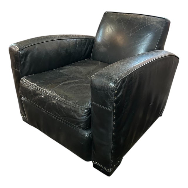 Restoration Hardware Black Leather Library Lounge Chair With Brass Studs For Sale