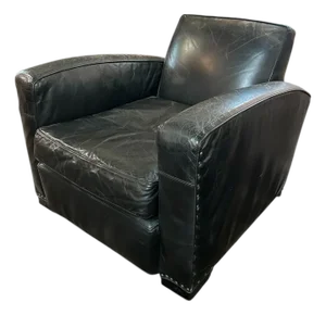 Restoration Hardware Black Leather Library Lounge Chair With Brass Studs