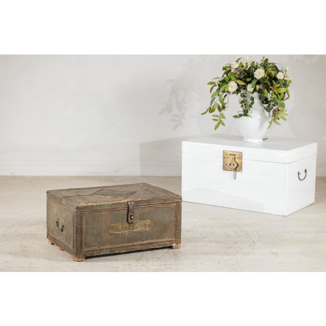 Mid 20th Century Vintage Indian Tin-Clad Metal Trunk with Embossed Detailing For Sale - Image 5 of 18