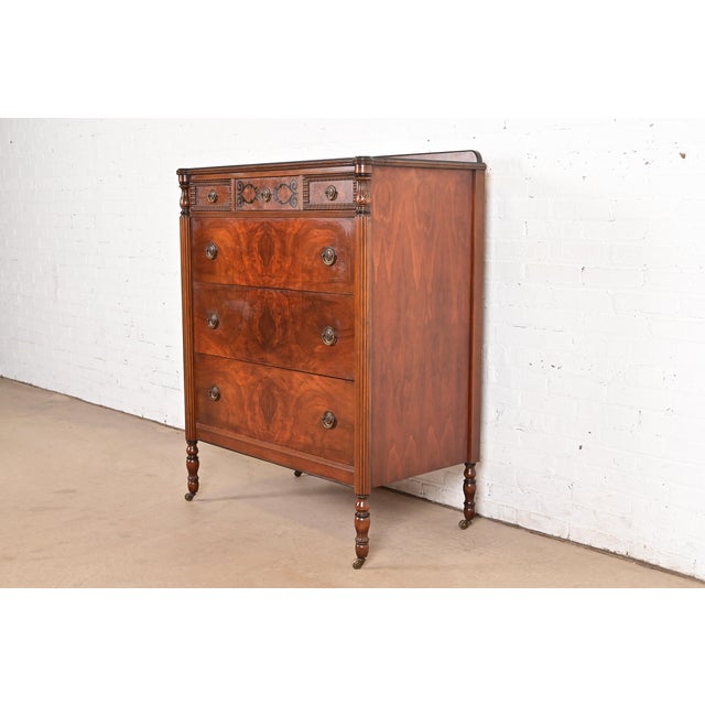 French Berkey & Gay Style Antique French Regency Louis XVI Carved Burled Walnut Highboy Dresser, Circa 1920s For Sale - Image 3 of 15