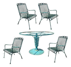 Vintage Woodard Wrought Iron Patio Dining Set W/ Round Pedestal Base Table 5 PCS