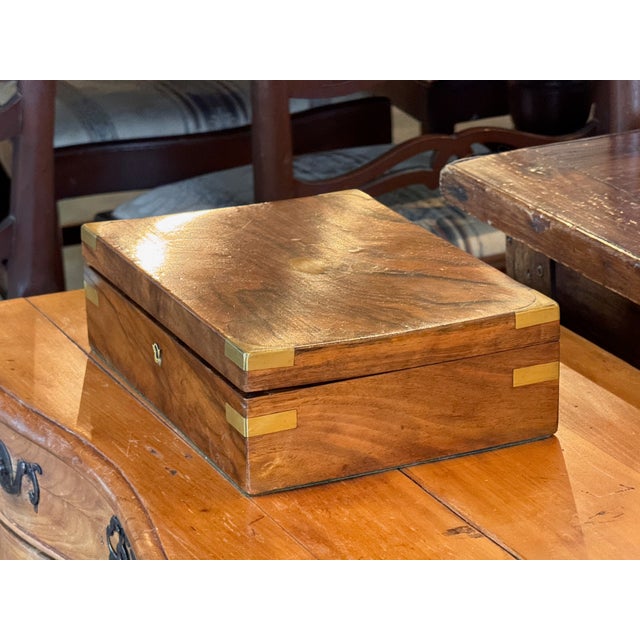 Wood 19th Century Small Veneered Box With Brass Corner Mounts For Sale - Image 7 of 9