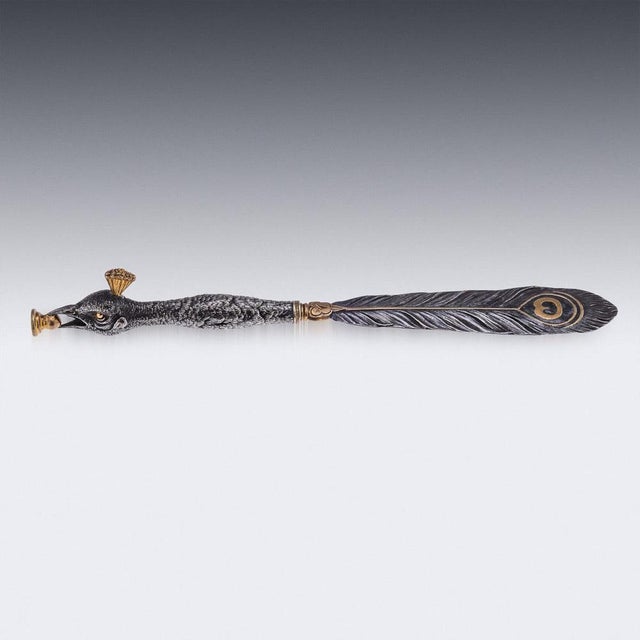 Antique 20th Century Silver Plate & Brass Peacock Letter Opener, 1890s For Sale - Image 3 of 12