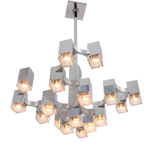 Large Cubic Chrome and Acrylic Glass 17-Light Chandelier by Gaetano Sciolari, Italy, 1960s For Sale