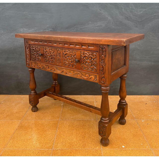 Wood 1940s Spanish Renaissance Low Console Table with Carved Front and Single Drawer For Sale - Image 7 of 13