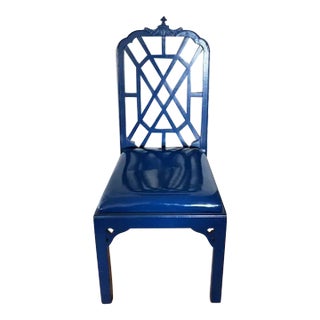 Modern Chinese Chippendale Desk or Side Chair in Vibrant Blue For Sale