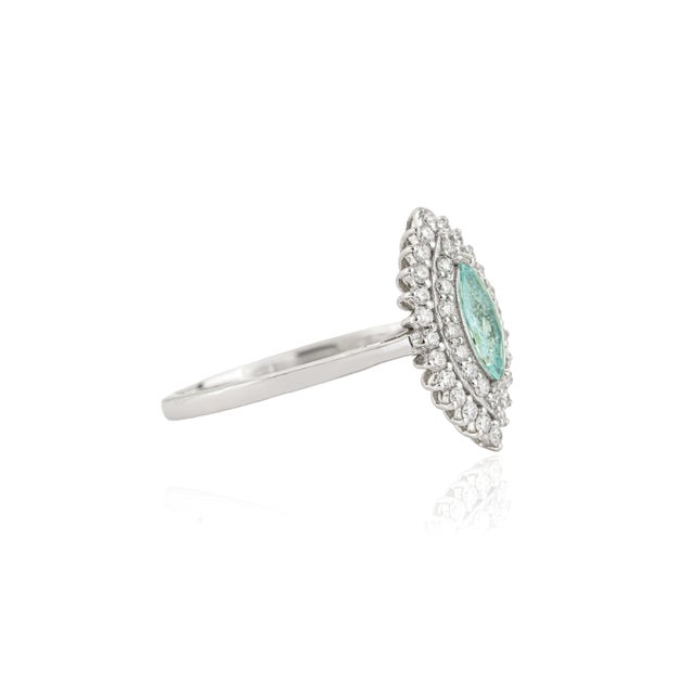 Metal 18k Gold Marquise Cut Paraiba Tourmaline Ring With Double Halo Diamonds Size 4 For Sale - Image 7 of 18