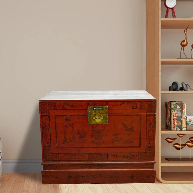 Asian 1900s Red Antique Trunk For Sale - Image 3 of 12
