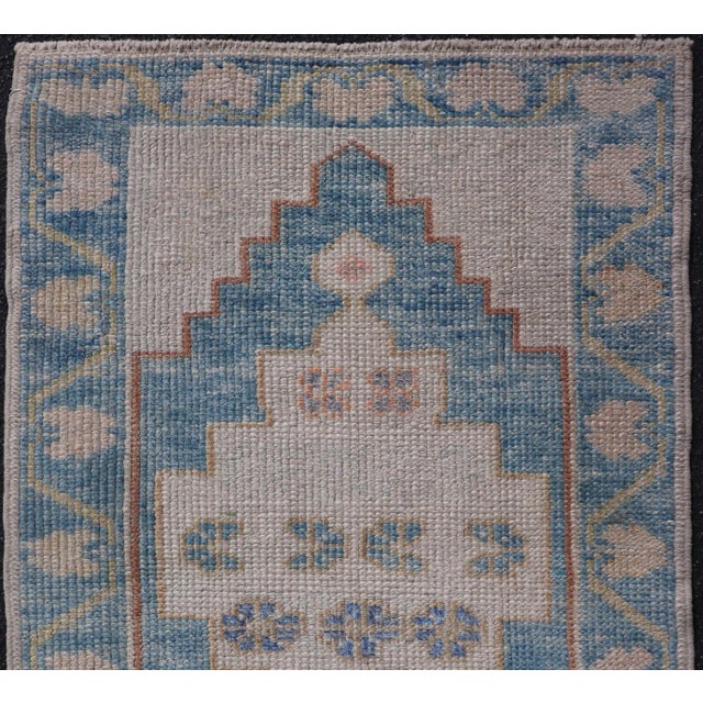 Measures: 2'4 x 3'7 Modern Turkish Oushak Rug -Blue and Beige Geometric Patterns 2'4" X 3'7". Keivan Woven Arts / Rug /...