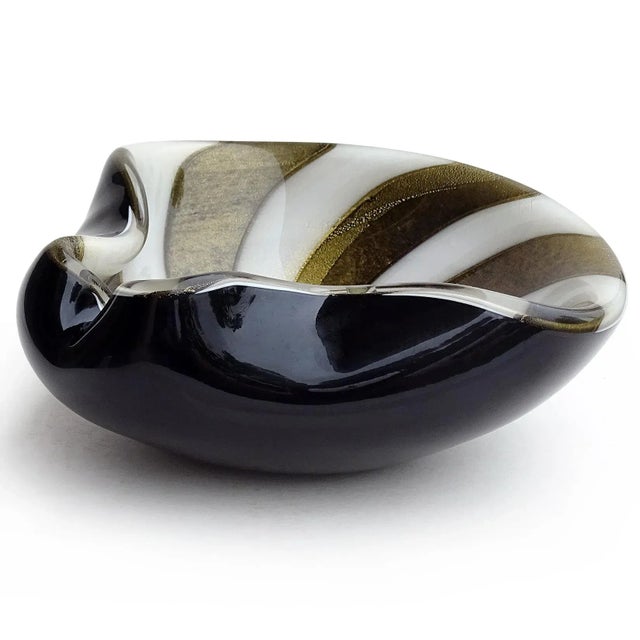 Murano Murano Barbini Black White Stripe Pattern Gold Flecks Vintage Italian Art Glass Mid Century Bowl Ashtray For Sale - Image 4 of 6
